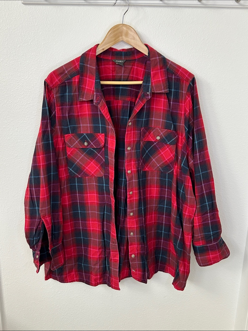 Eddie Bauer 3X Flannel Red, Pink & Blue Plaid Button-Down Shirt, Long Sleeve Top